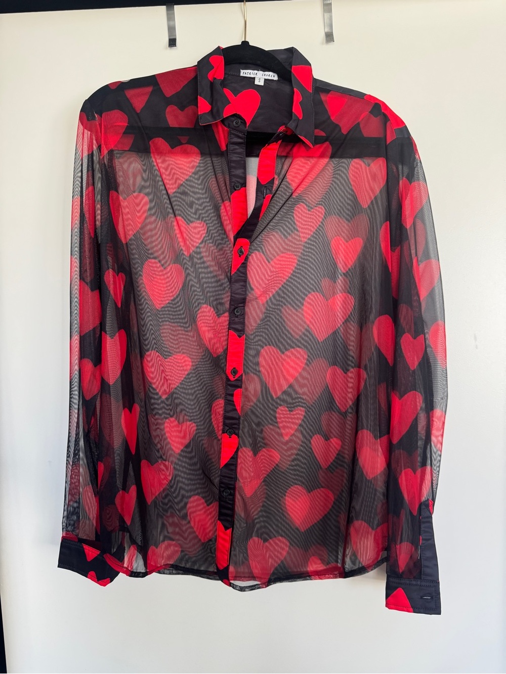 Patrick Church Sheer Black Shirt with Red Heart Print